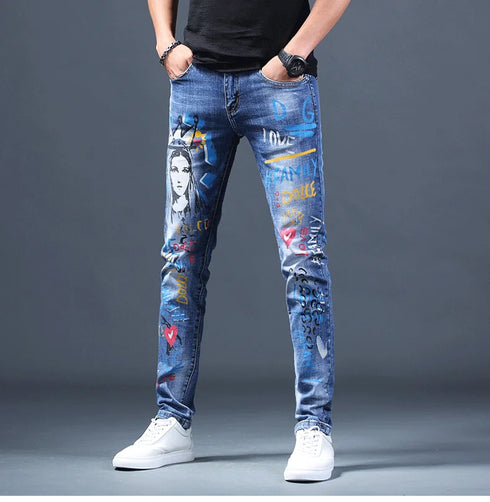 Slim Fit Korean Streetwear Graphical Printed Luxury Hip-Hop Stretch Denim Jeans for Men - Perfect Medium Wash Jeans Outfit